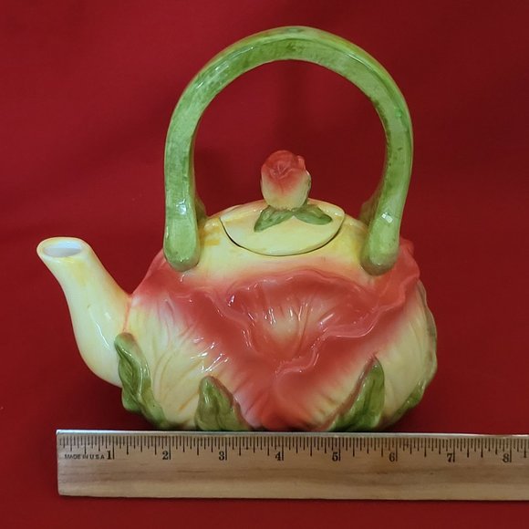 Ceramic Pink Flower and Leaves Tea Pot with Lid - Picture 7 of 13